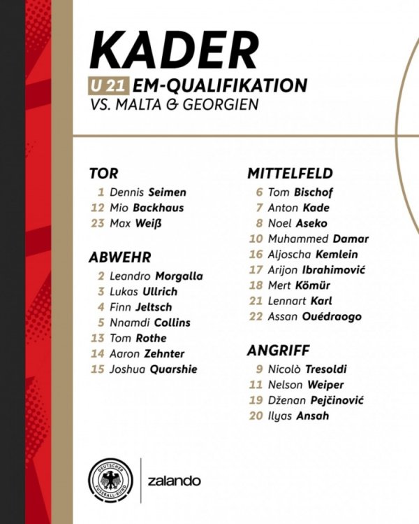 德国U21新一期名单：伦纳特-卡尔、比朔夫、小伊布在列